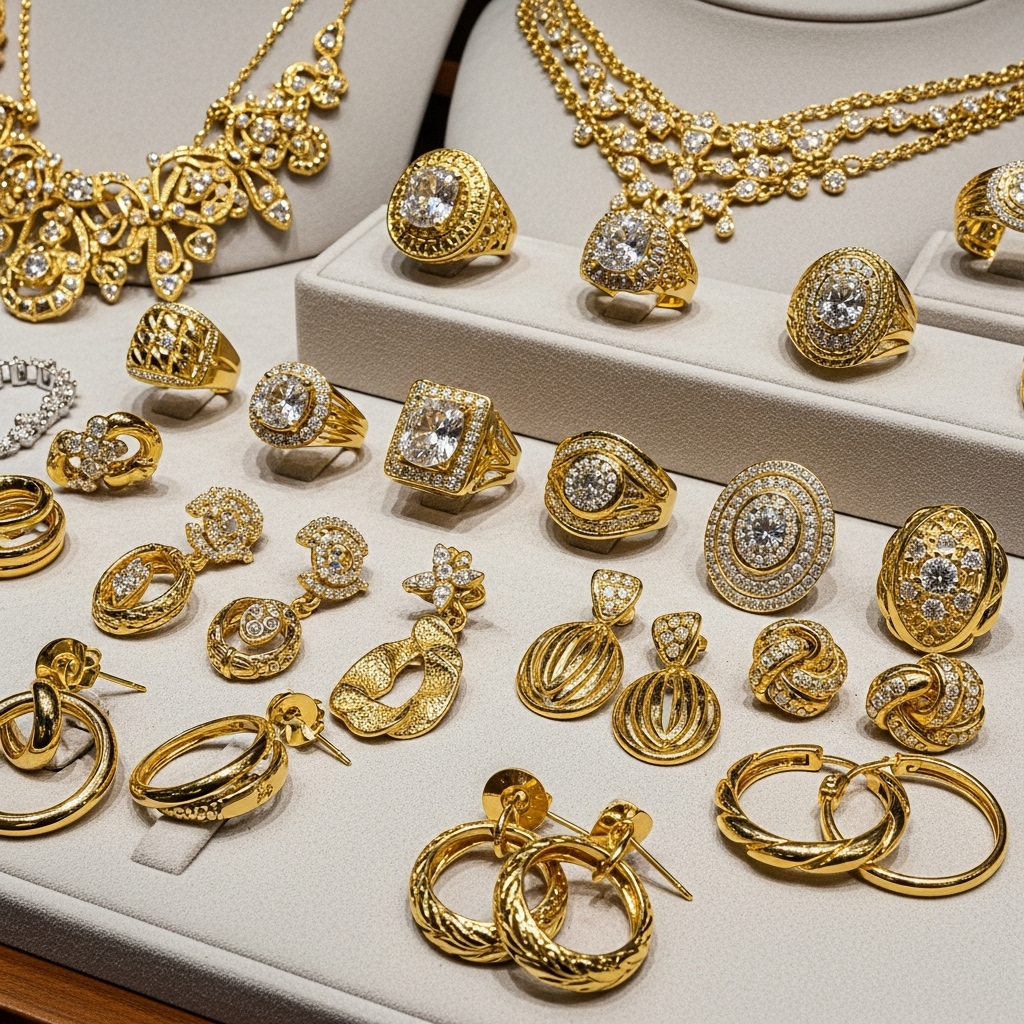 Bộ trang sức vàng gồm nhẫn, dây chuyền, bông tai được sắp xếp đẹp mắt