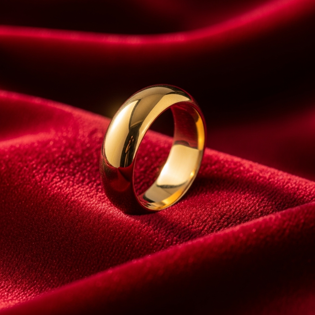 Một chiếc nhẫn vàng 24K trơn, óng ánh trên nền nhung đỏ