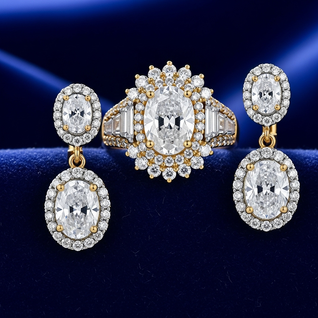 Một bộ trang sức vàng 18K gồm nhẫn và bông tai đính đá lấp lánh