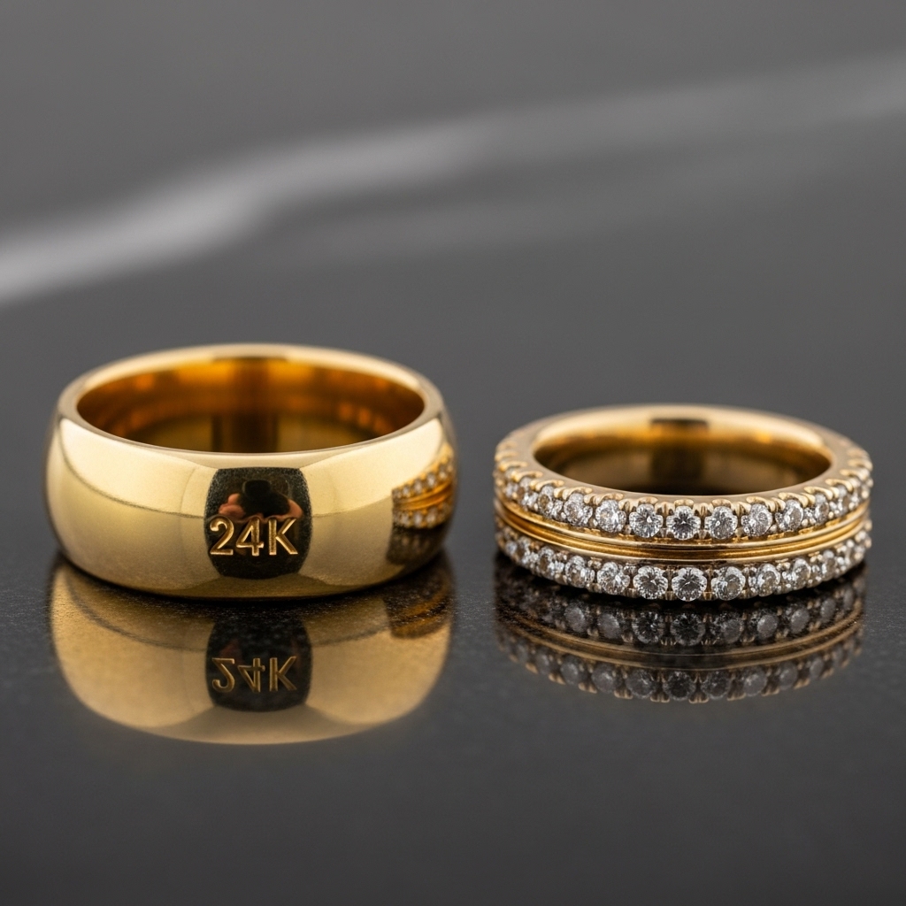 Hai chiếc nhẫn, một chiếc vàng 24K trơn và một chiếc vàng 18K đính kim cương, đặt cạnh nhau