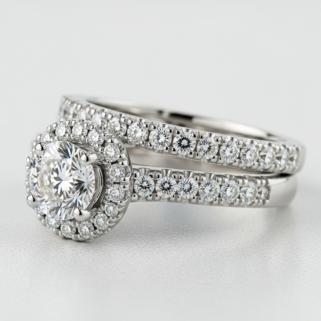 Cặp nhẫn cưới vàng trắng đính kim cương lấp lánh